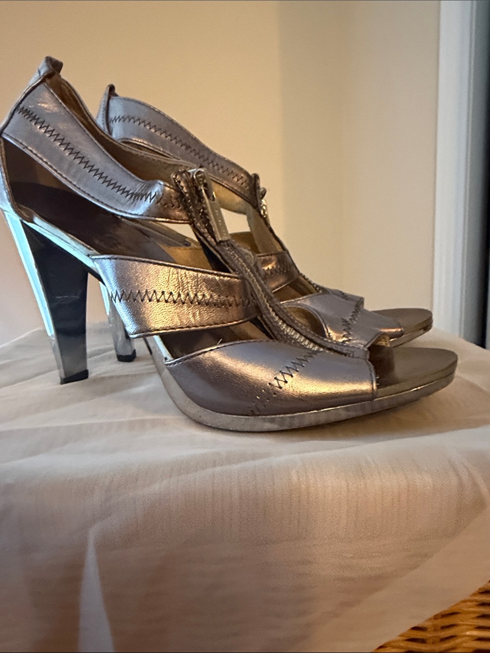 Michael Kors Metallic Silver Open-Toe T-Strap Heels